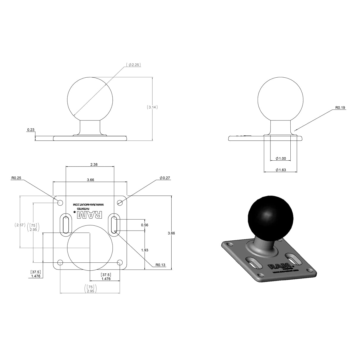 RAM 75 X 75mm Vesa Plate with D Size Ball (RAM-D-2461U)