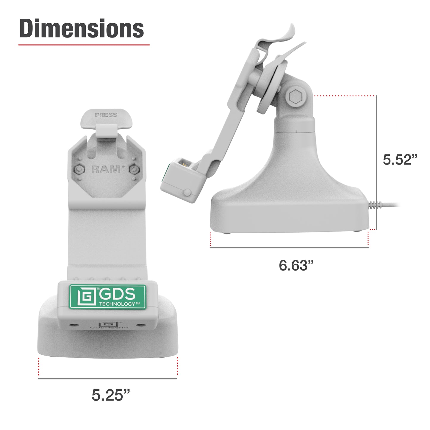 GDS® Uni-Conn™ Tilt & Swivel Dock with USB-C + Data - Gray (RAM-GDS-DOCK-D14-U1C-2A-GRY)