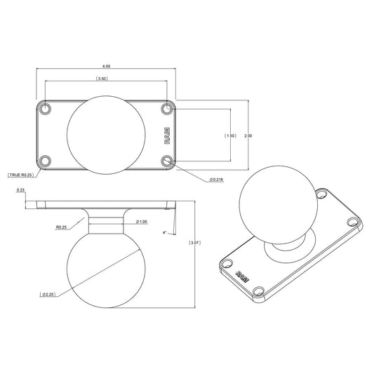 RAM® Ball Base with 1.5" x 3.5" 4-Hole Pattern - D Size (RAM-D-202U-24)