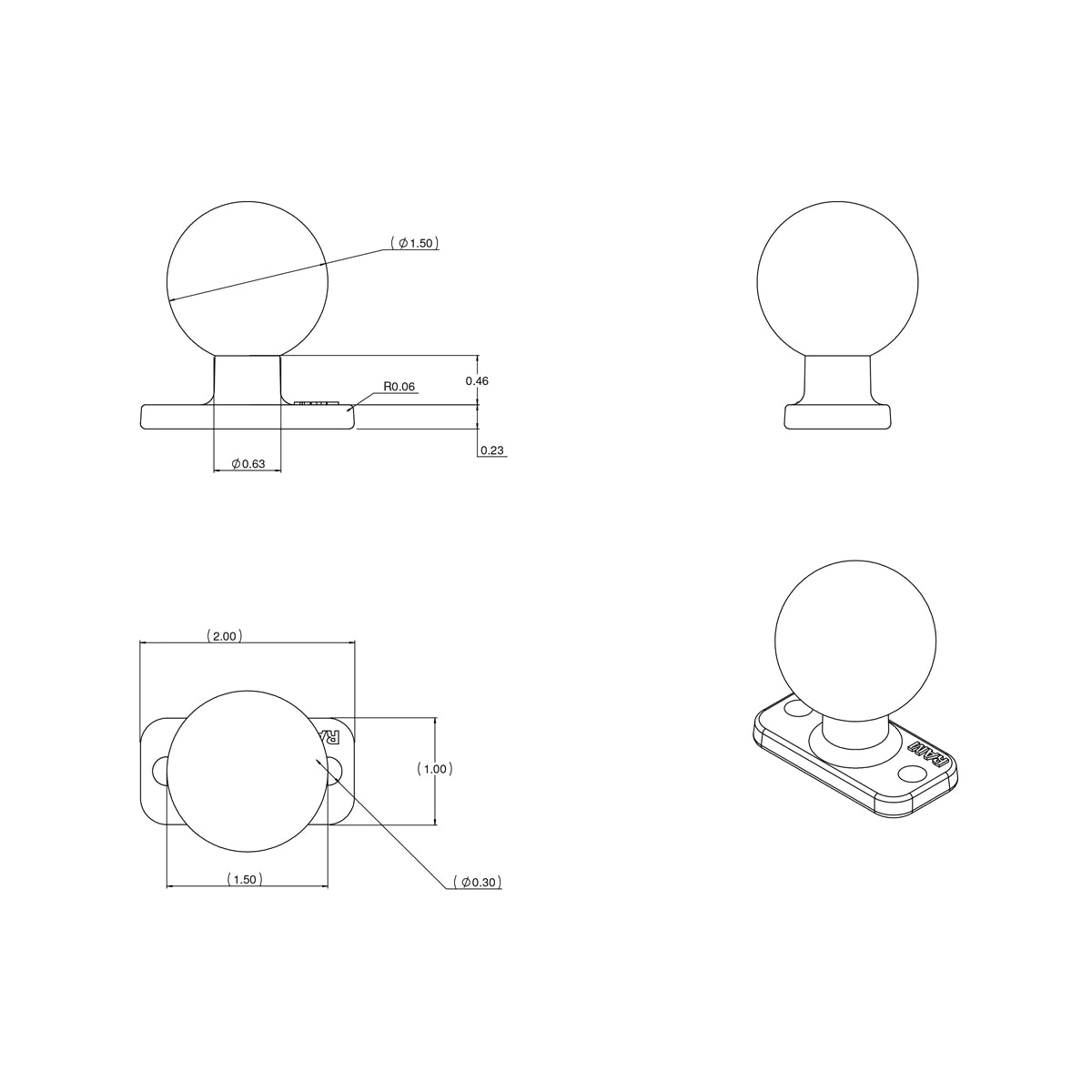 RAM C Size 1.5" Ball on Rectangular Plate with 1.5" 2-Hole Pattern (RAM-202U-12)