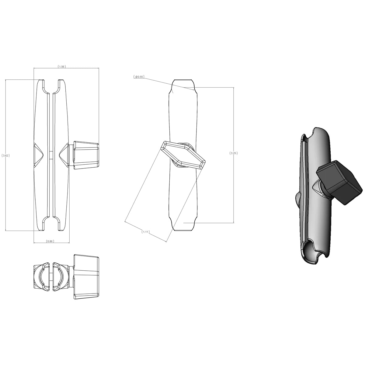 RAM Long Length Double Socket Arm for 0.56" Balls (RAM-A-201U-B)