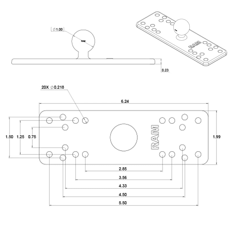 RAM 6.25" x 2" Rectangle Plate B-Size (RAM-B-111BU)