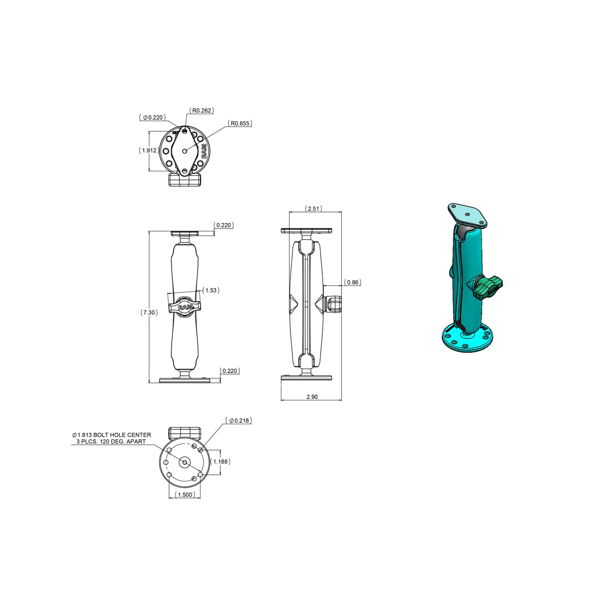 RAM 1" Ball Flat Surface Mount w/ Long Double Socket Arm 2.5" Round & Diamond Base (RAM-B-138U-C)