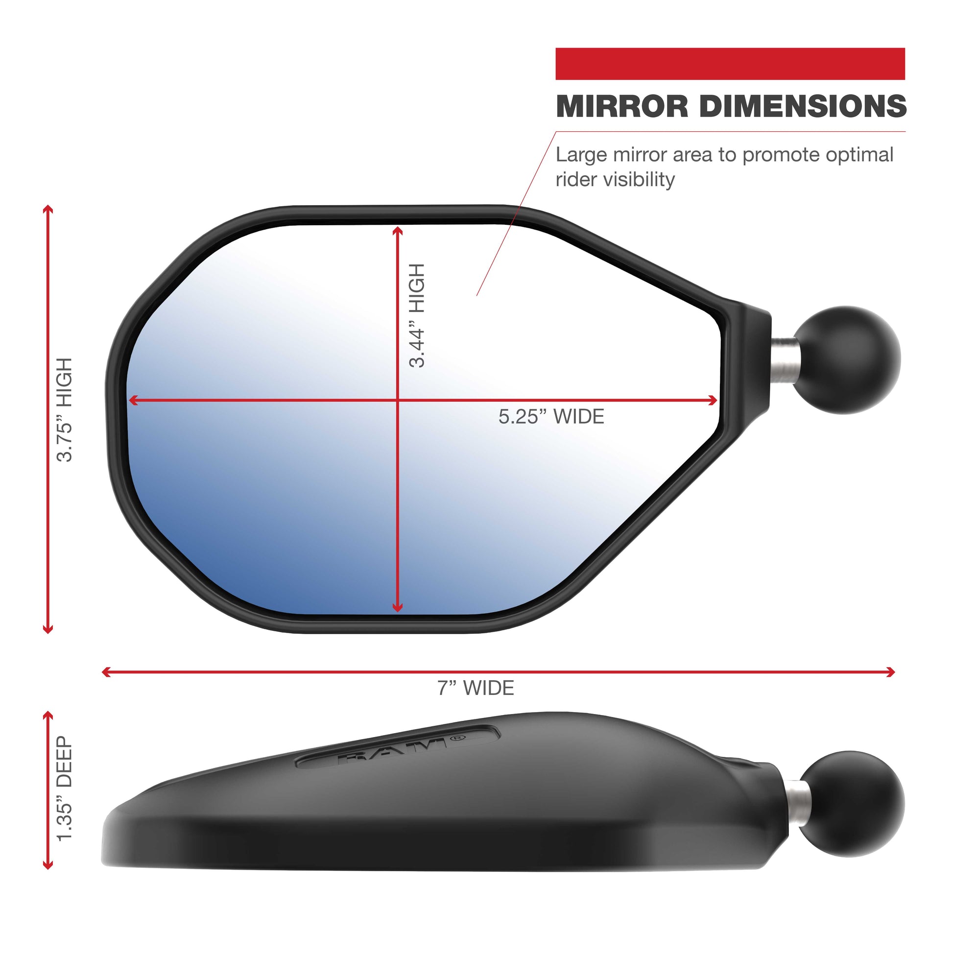 RAM® Tough-Mirror™ Left Mirror with Ball (RAM-B-465LU)