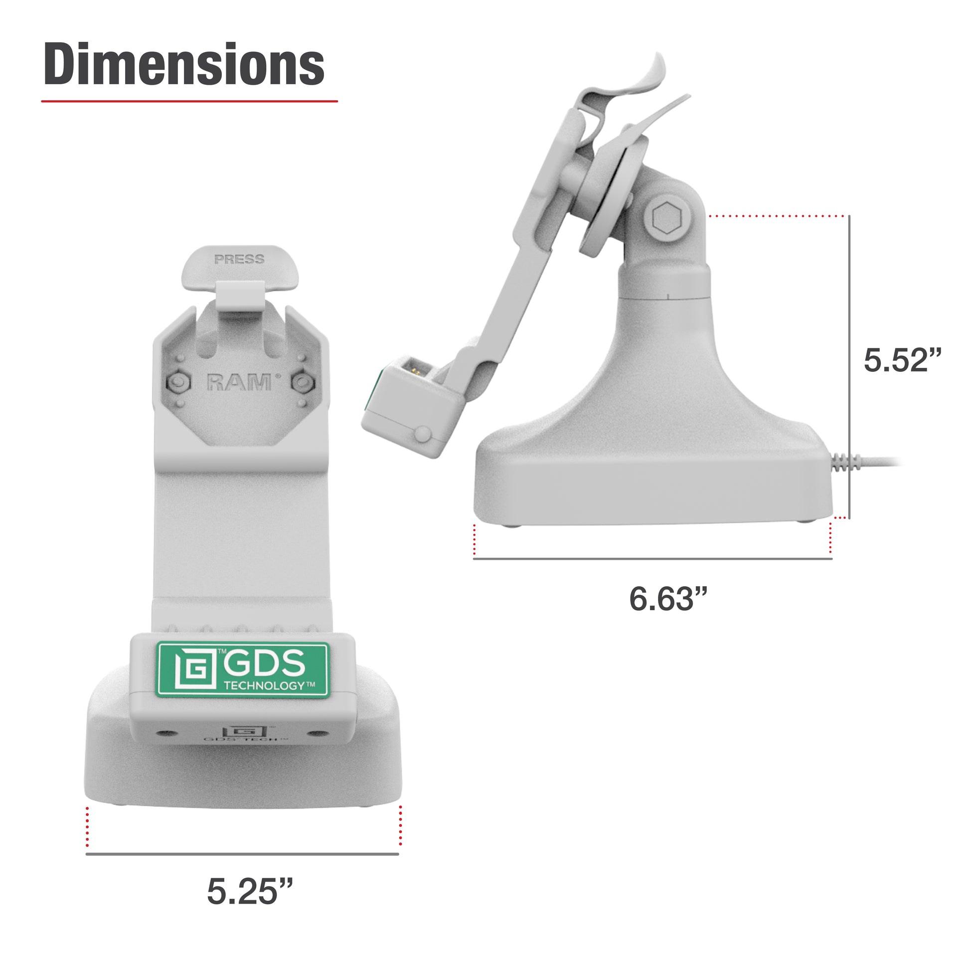 GDS® Uni-Conn™ Tilt & Swivel Dock with USB-C + Data - Gray (RAM-GDS-DOCK-D14-U1C-2A-GRY)