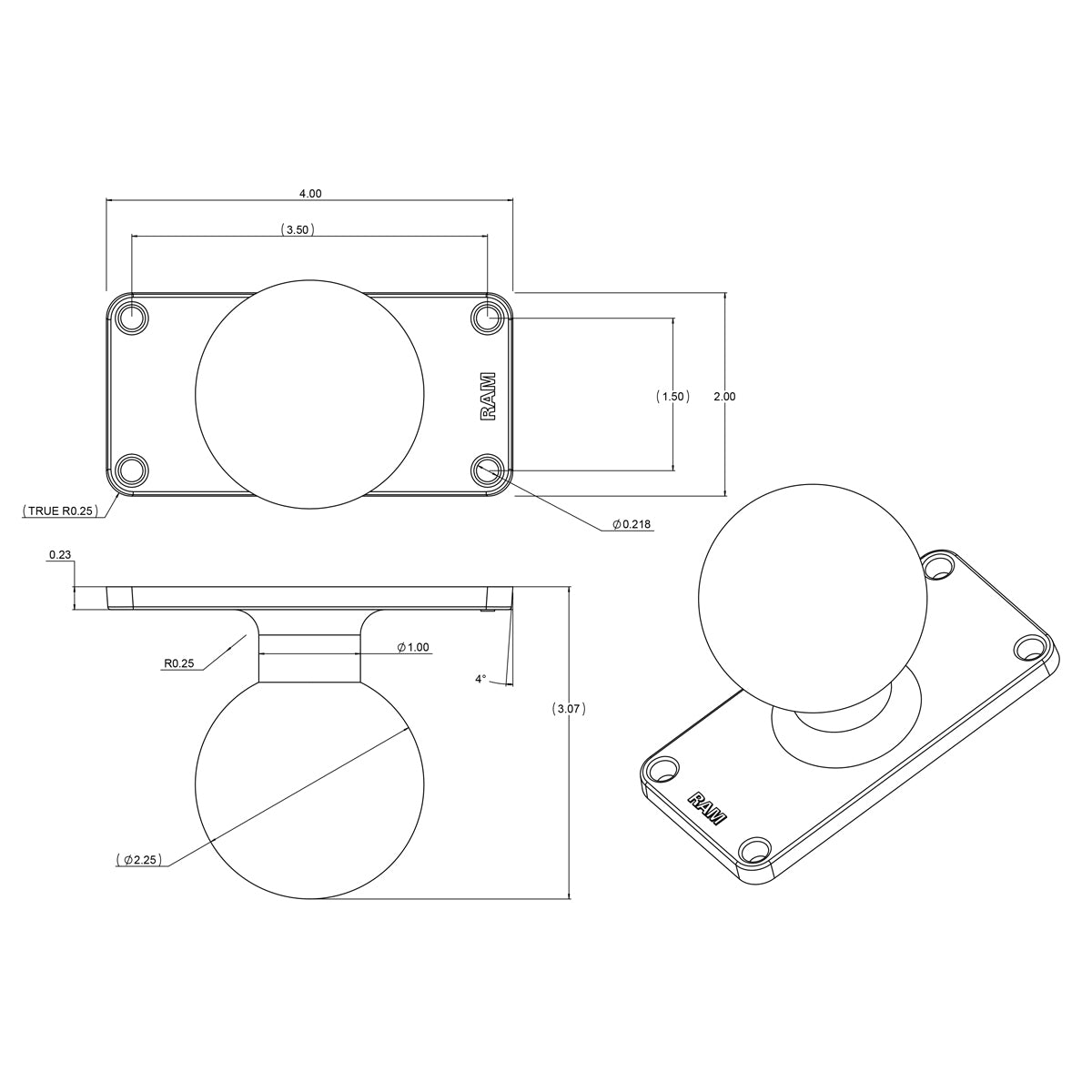 RAM® Ball Base with 1.5" x 3.5" 4-Hole Pattern - D Size (RAM-D-202U-24)